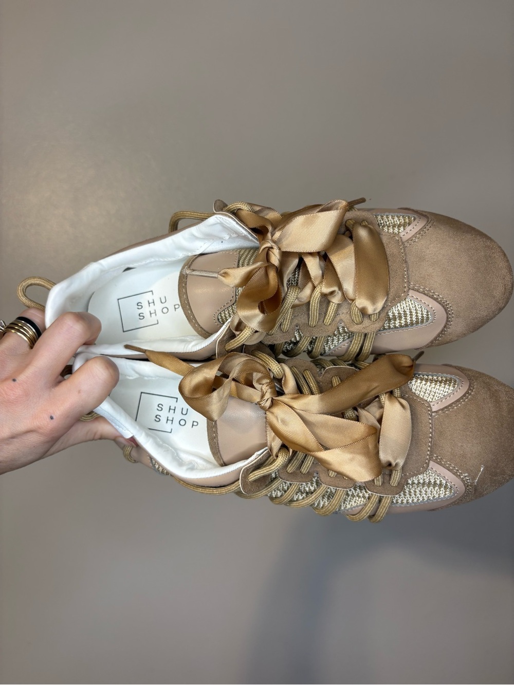 ShuShop Women's Taupe Satin Ribbon Lace-Up Sneakers